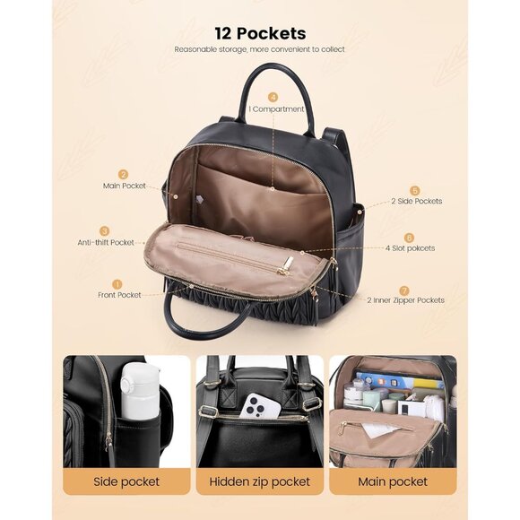 Black Faux Leather Women's Small Stylish Waterproof Daypack Backpack for Travel - Picture 3 of 7